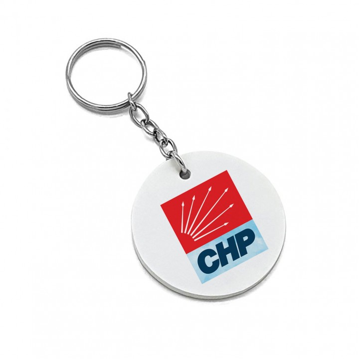 CHP Logolu Kırmızı Yuvarlak Suni Deri Anahtarlık Metal Zincirli Çift Taraf UV Baskılı Promosyon Model